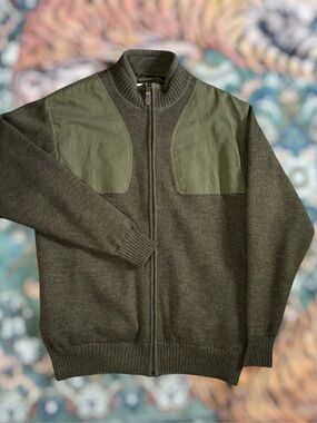 Orvis Wool Hunting Sweater Jacket Full Zip Patches Lined Knit Full Zip Green L
